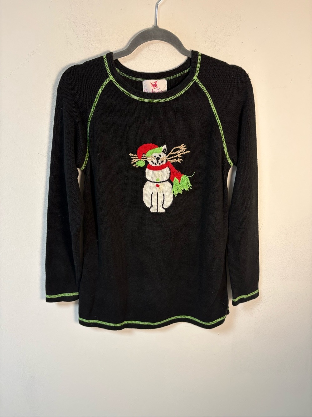 Quaker Factory Black Holiday Cat Sweater with Green Trim XS